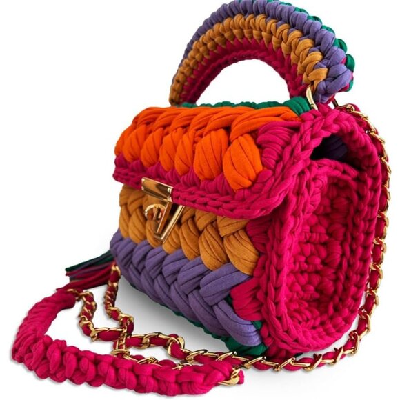 Women's Handmade Crochet Multi Evening Small Formal Flap Clutch Crossbody Bag - Picture 6 of 6